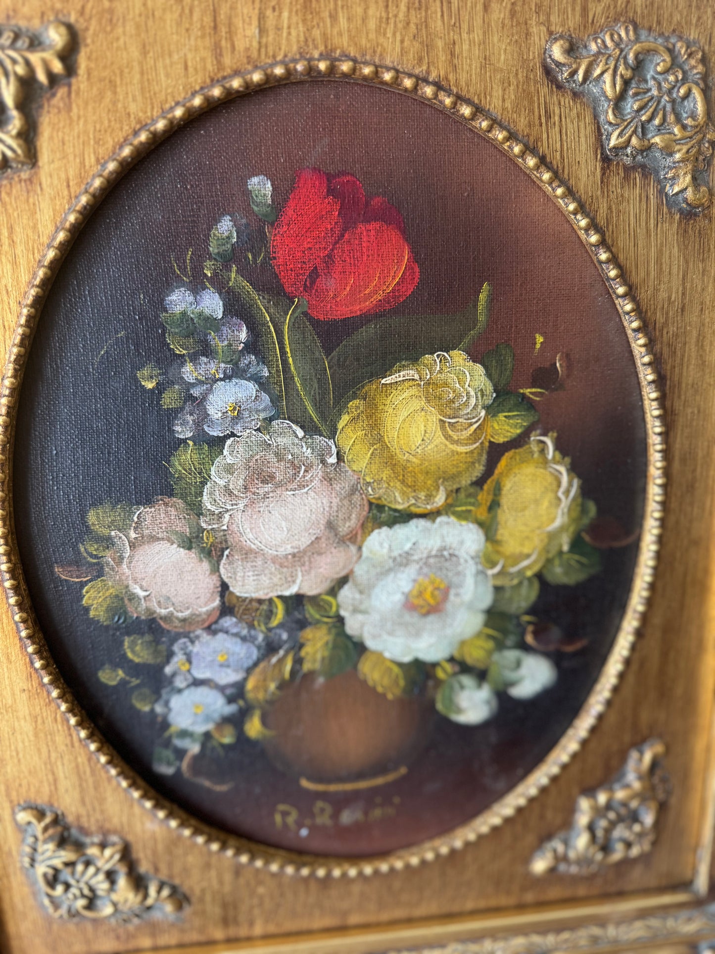 Vintage R. Rosini Floral Oil on Canvas Painting