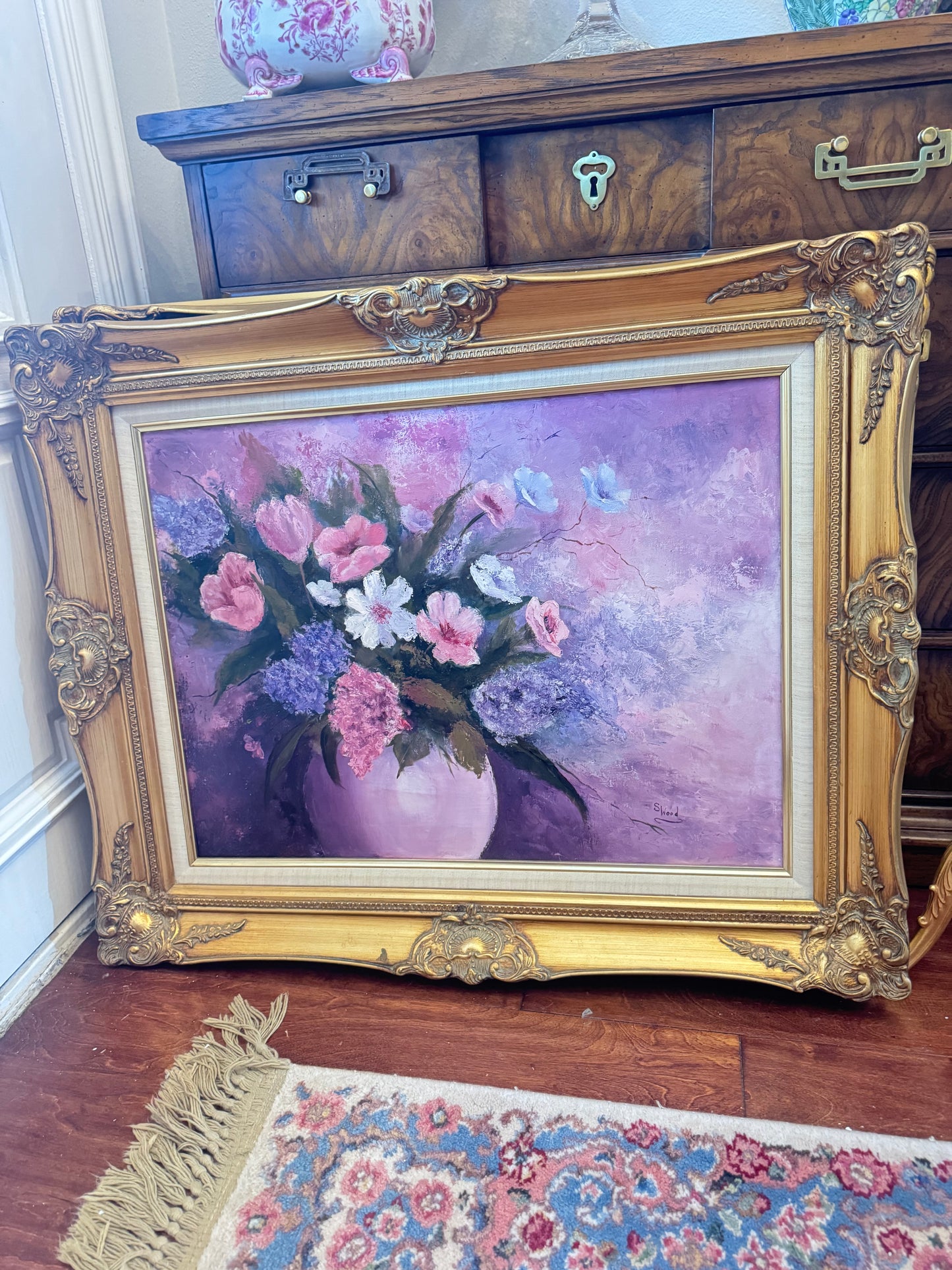 Beautiful Pink Floral Still Life Oil on Canvas