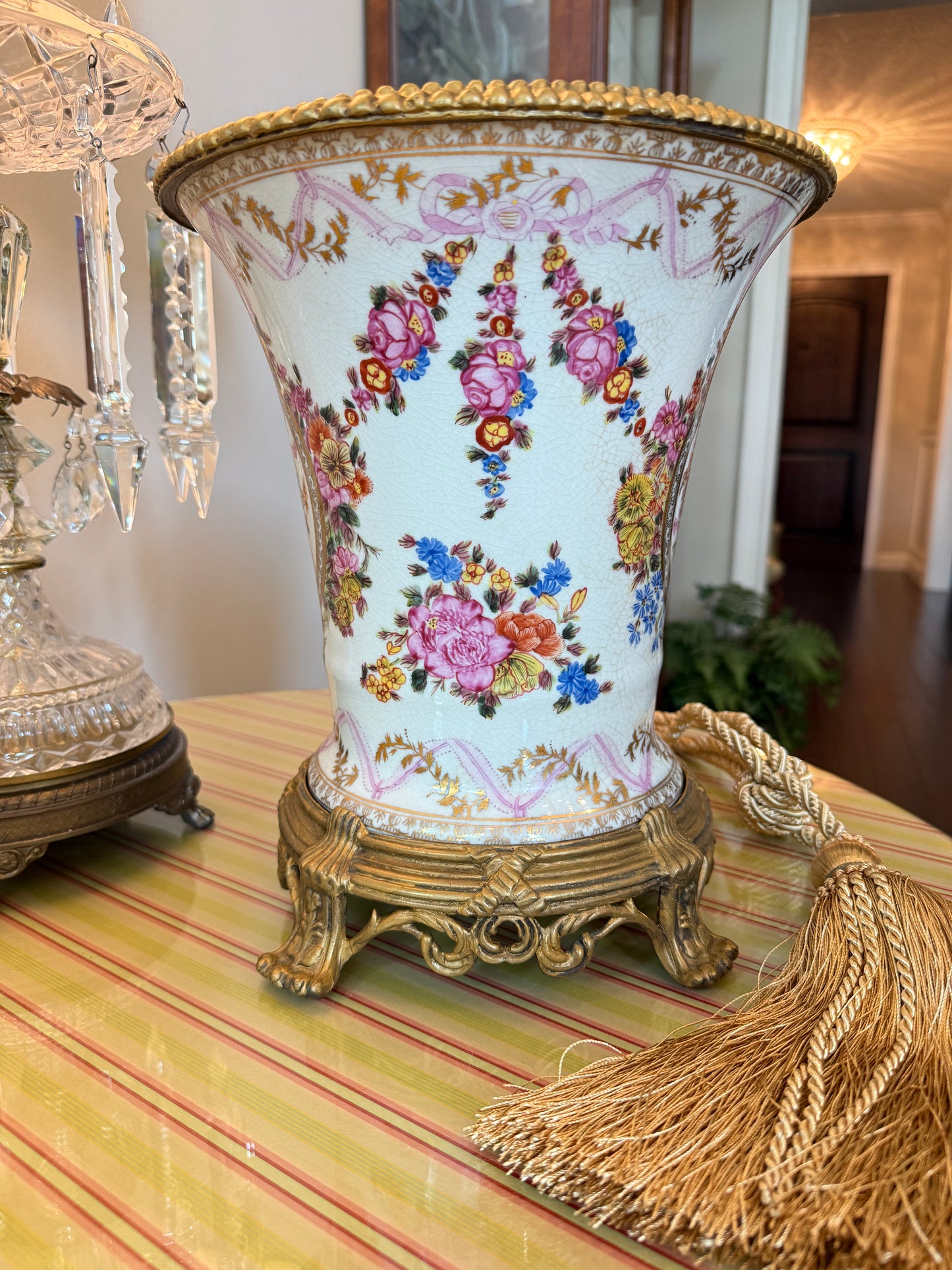 Vintage United Wilson Floral and Bronze Porcelain Vase