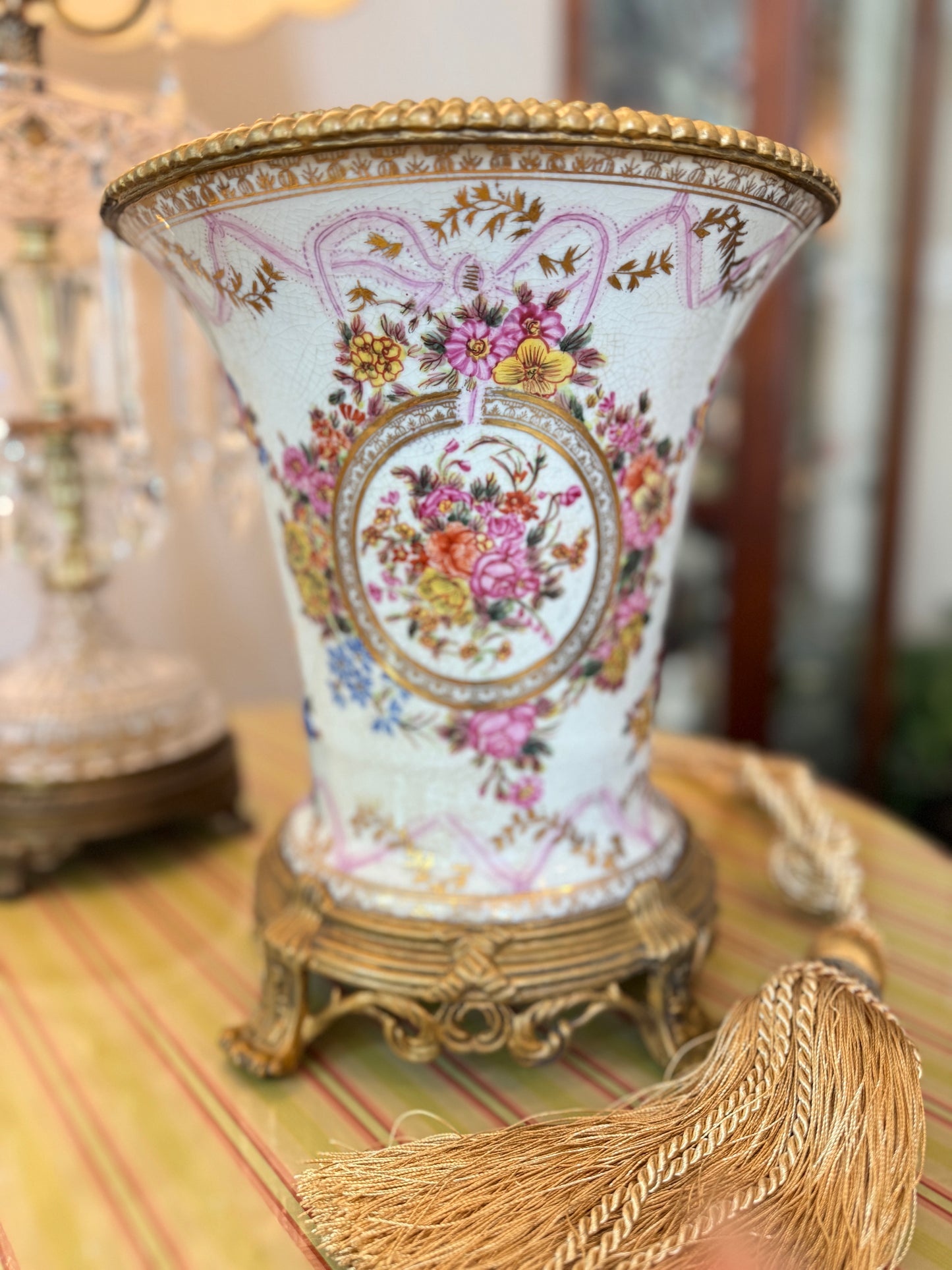 Vintage United Wilson Floral and Bronze Porcelain Vase