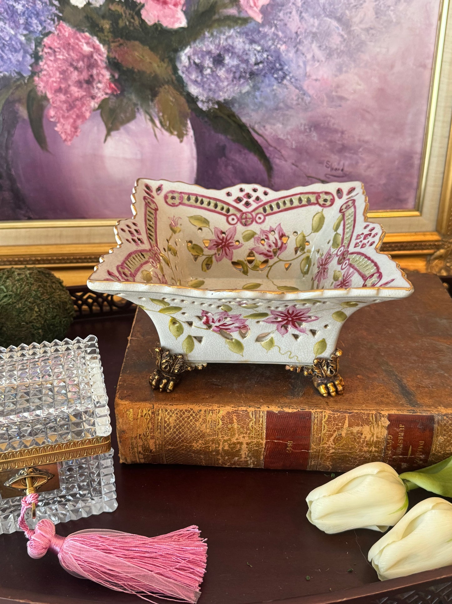 Pink Floral United Wilson Reticulated Bowl with Bronze Feet