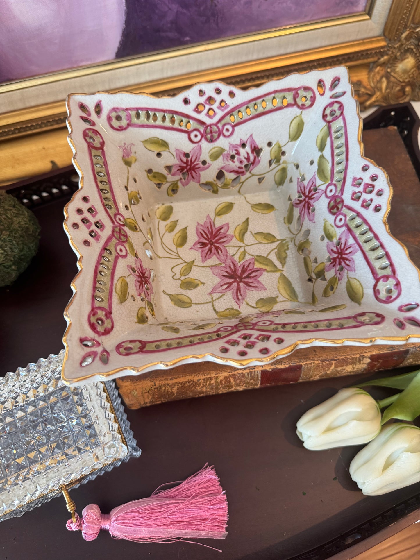 Pink Floral United Wilson Reticulated Bowl with Bronze Feet