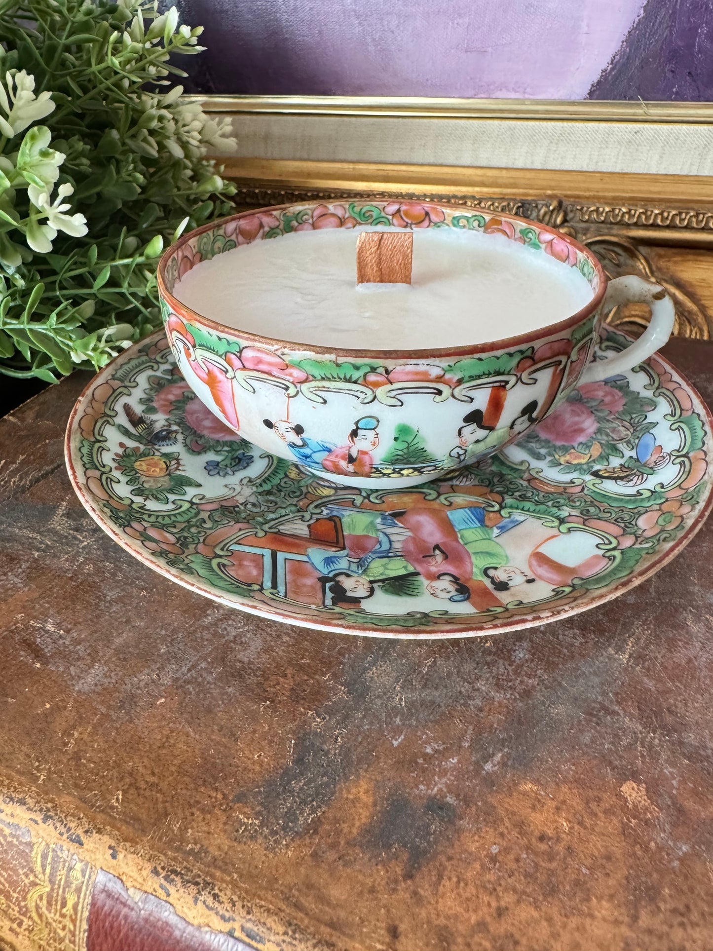 Antique Rose Medallion Candle Tea Cup and Saucer