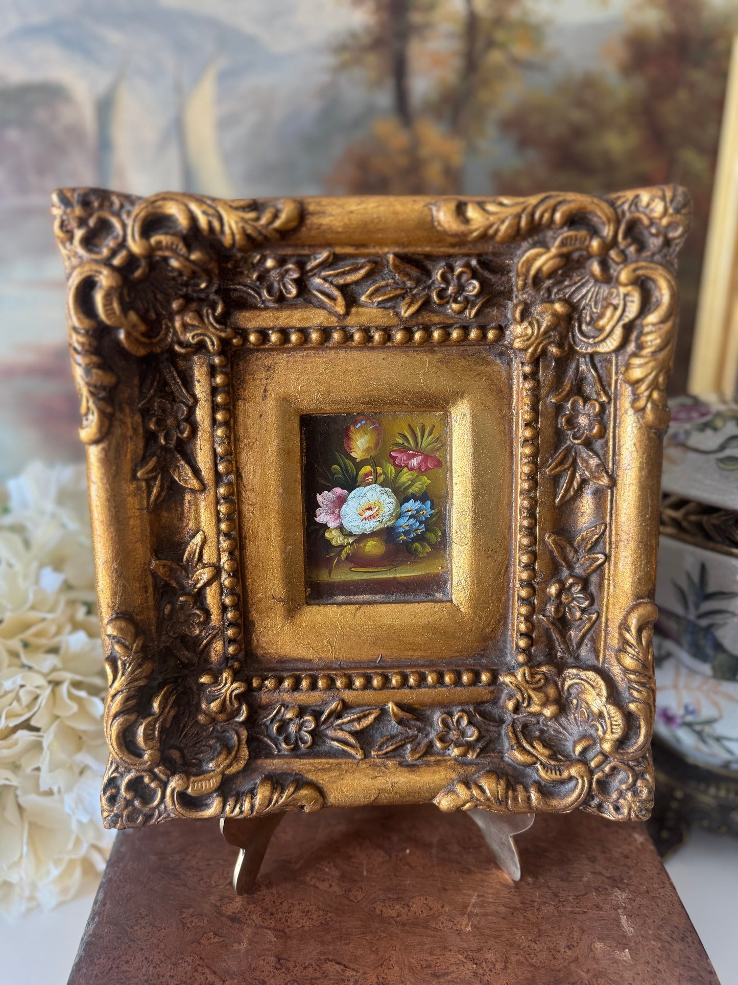 Vintage Ornate Floral Oil on Board