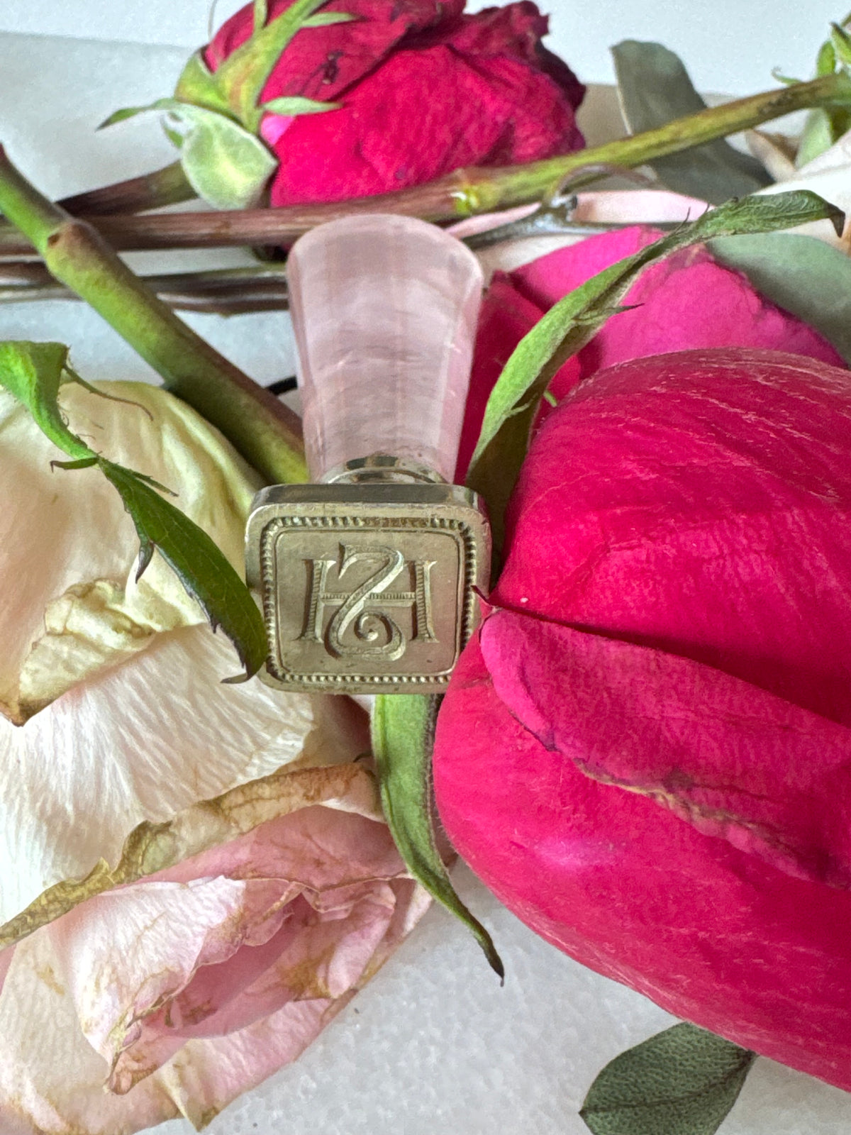 19th Century Rose Quartz Wax Seal, HS Monogram