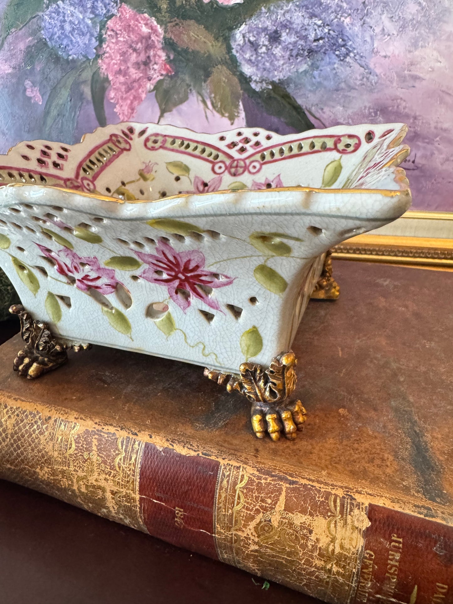 Pink Floral United Wilson Reticulated Bowl with Bronze Feet