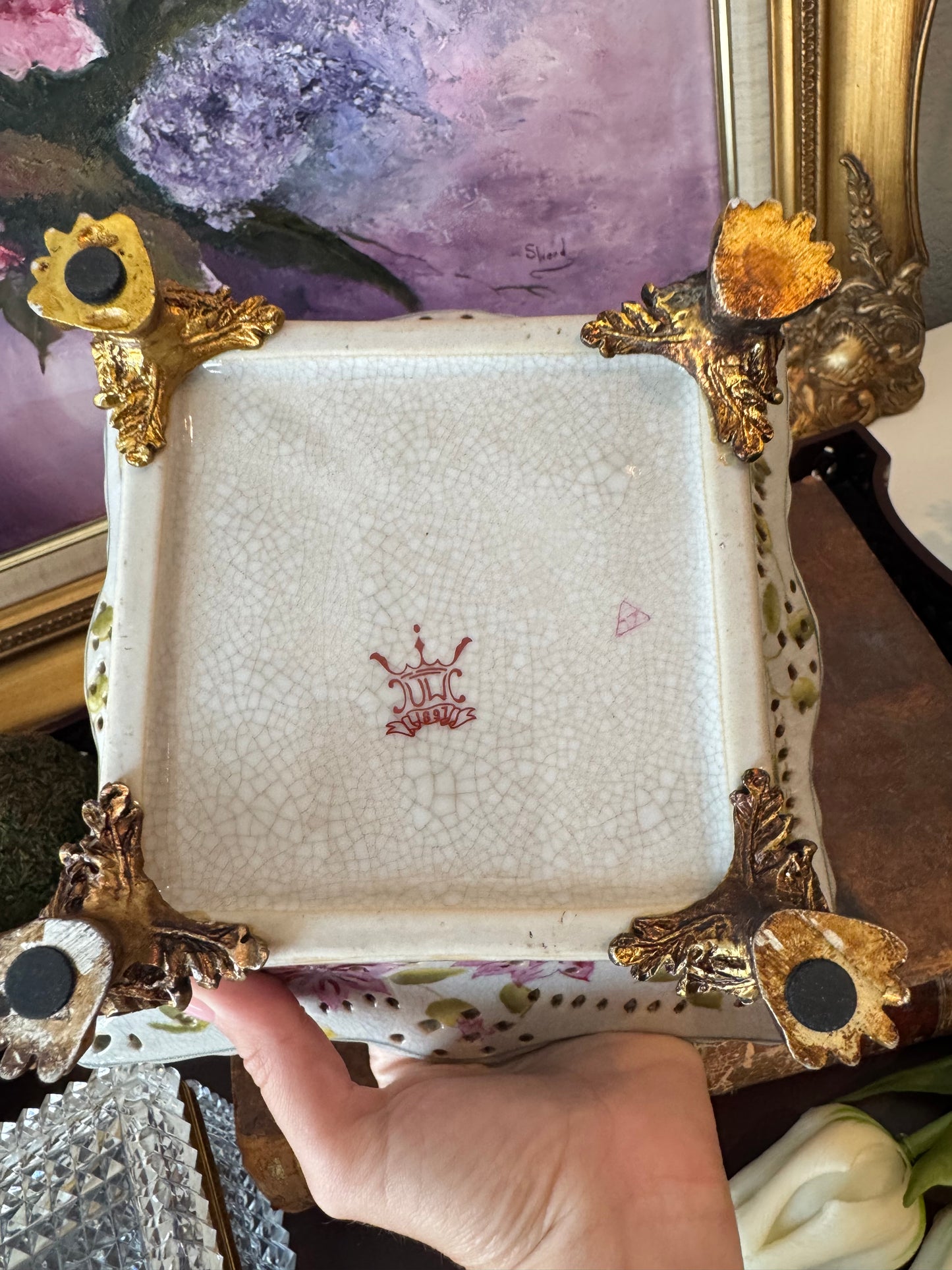 Pink Floral United Wilson Reticulated Bowl with Bronze Feet