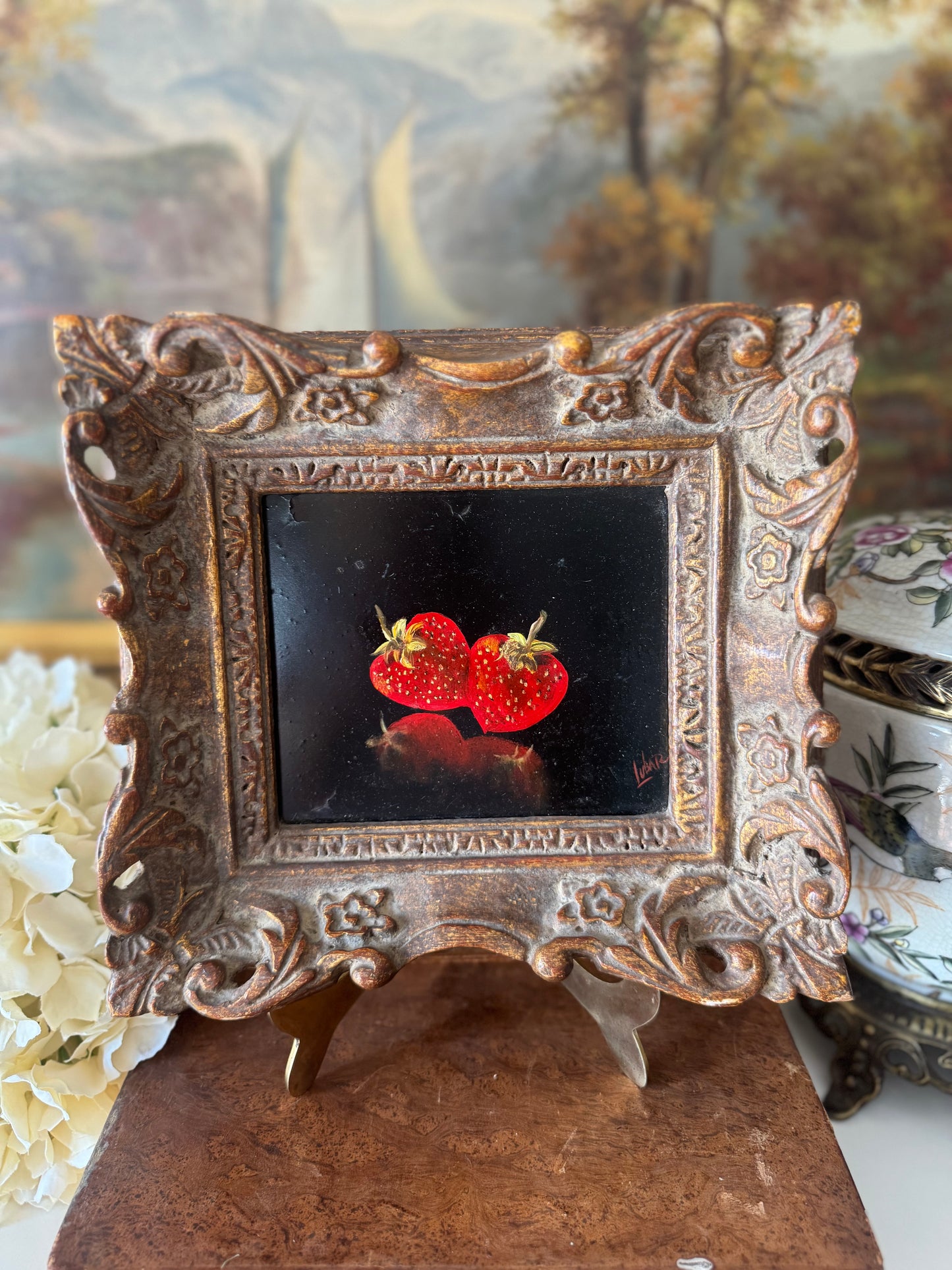 Vintage Strawberry Oil on Board Painting