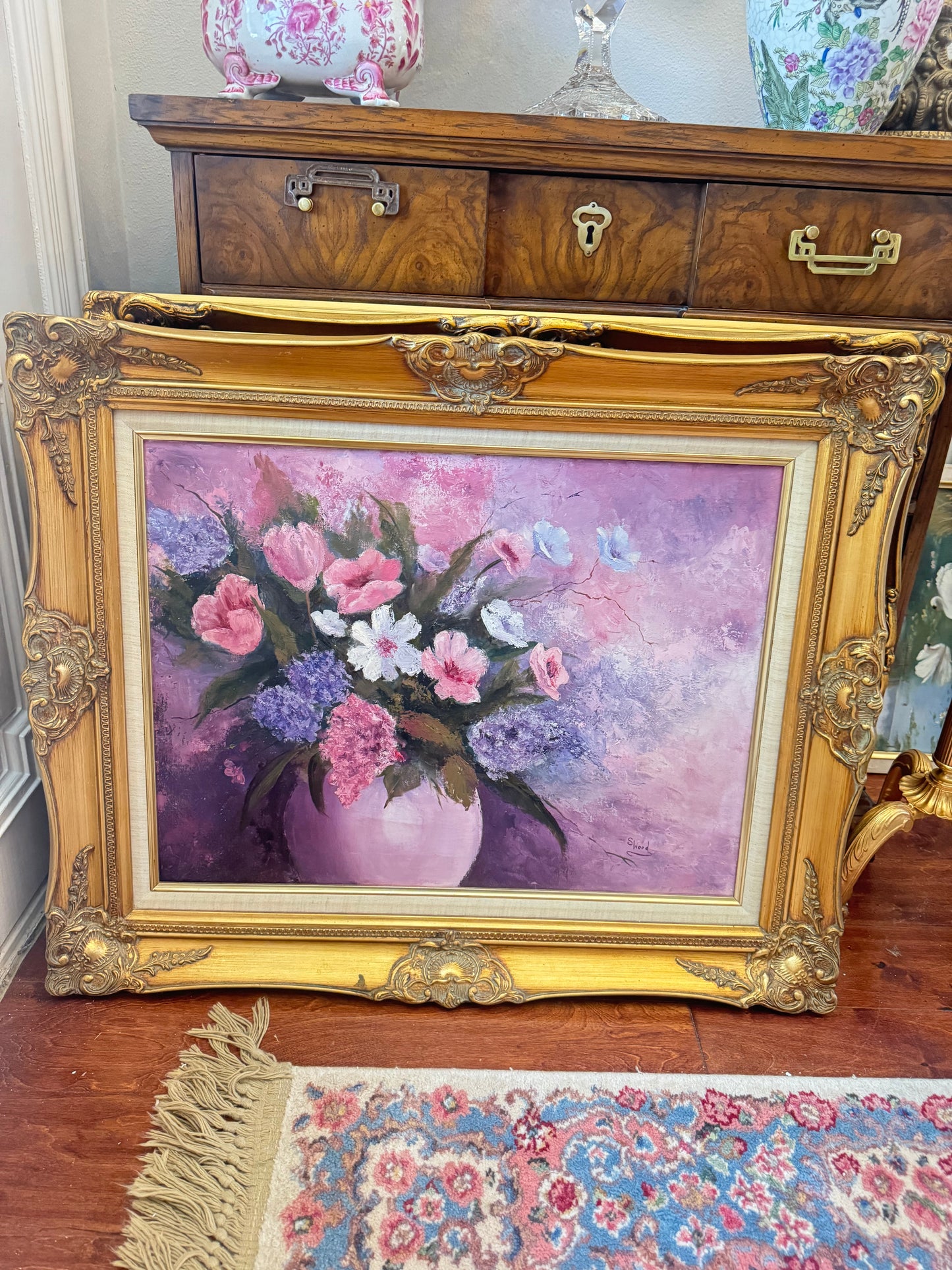 Beautiful Pink Floral Still Life Oil on Canvas
