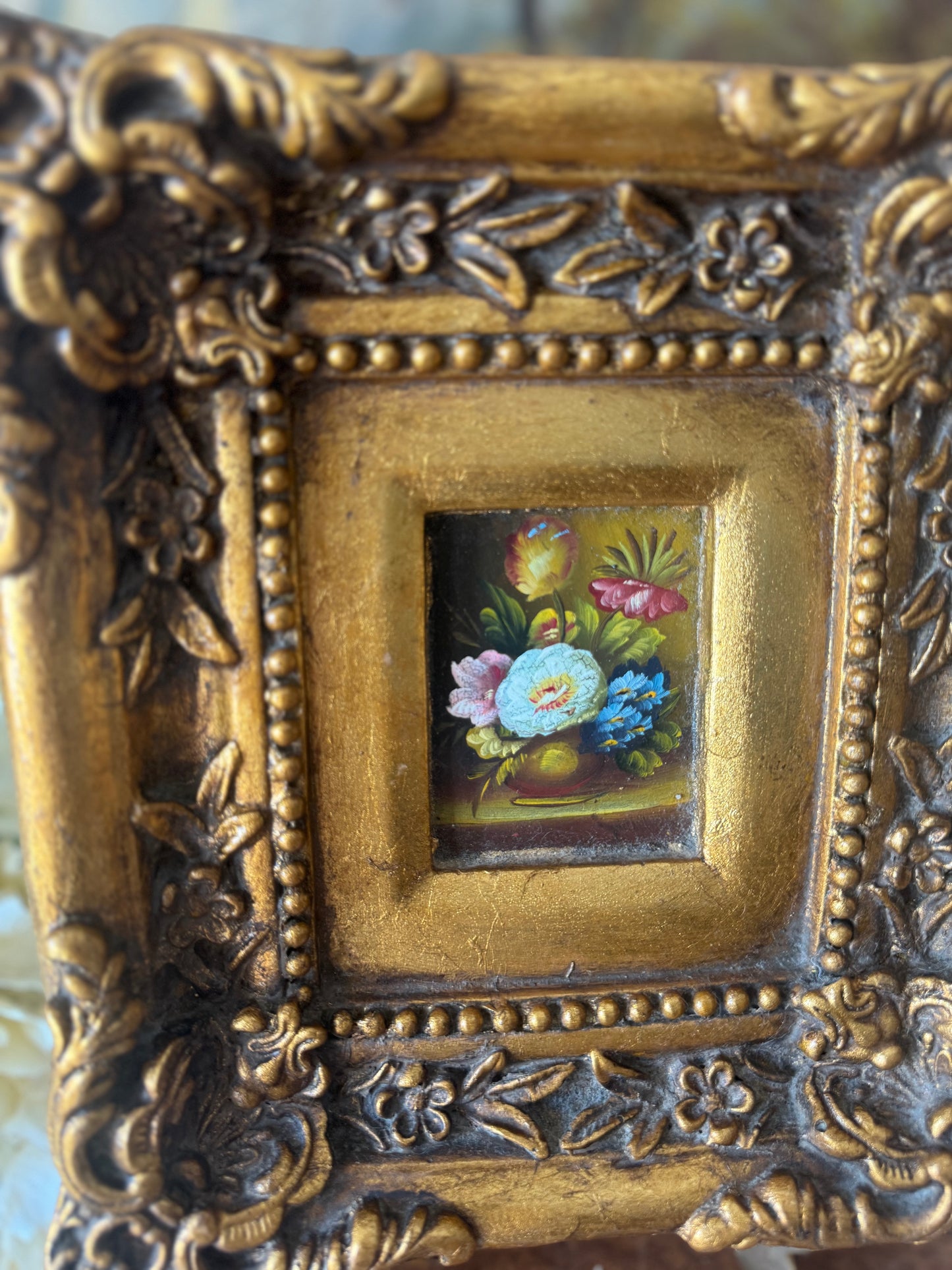 Vintage Ornate Floral Oil on Board