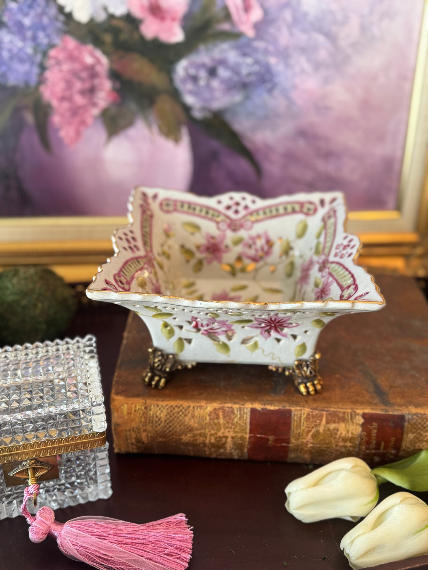 Pink Floral United Wilson Reticulated Bowl with Bronze Feet