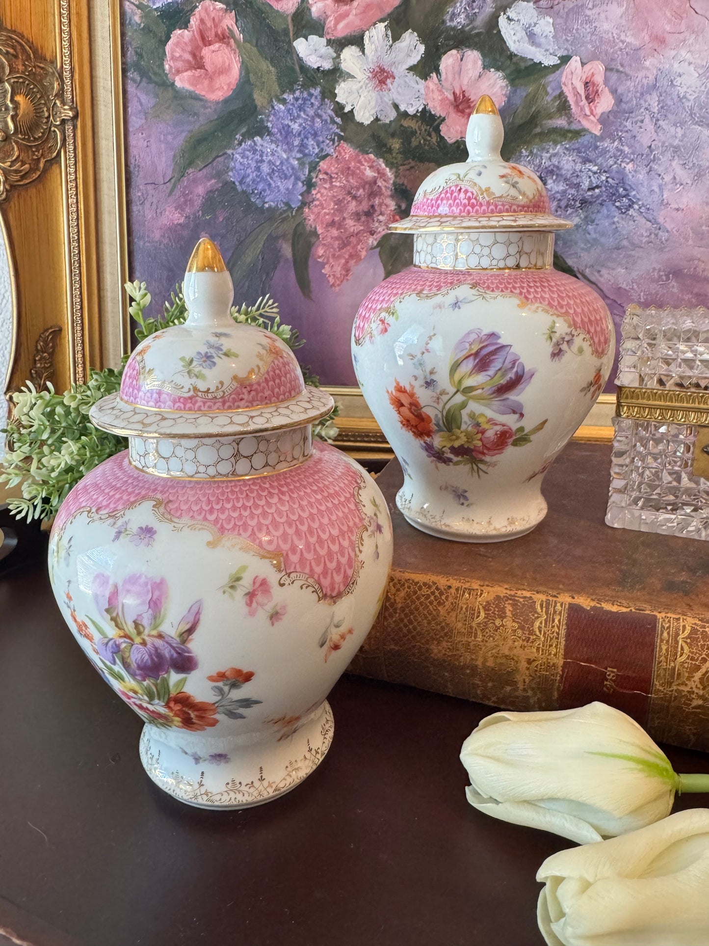 Pair of German Floral Ginger Jars