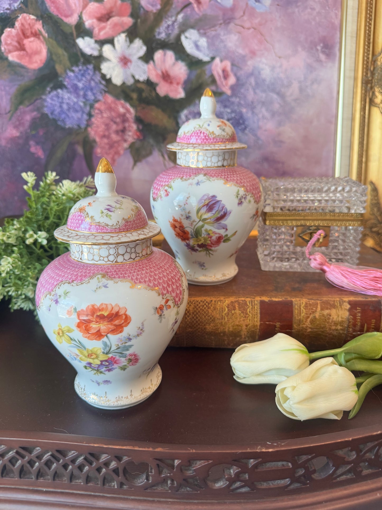 Pair of German Floral Ginger Jars