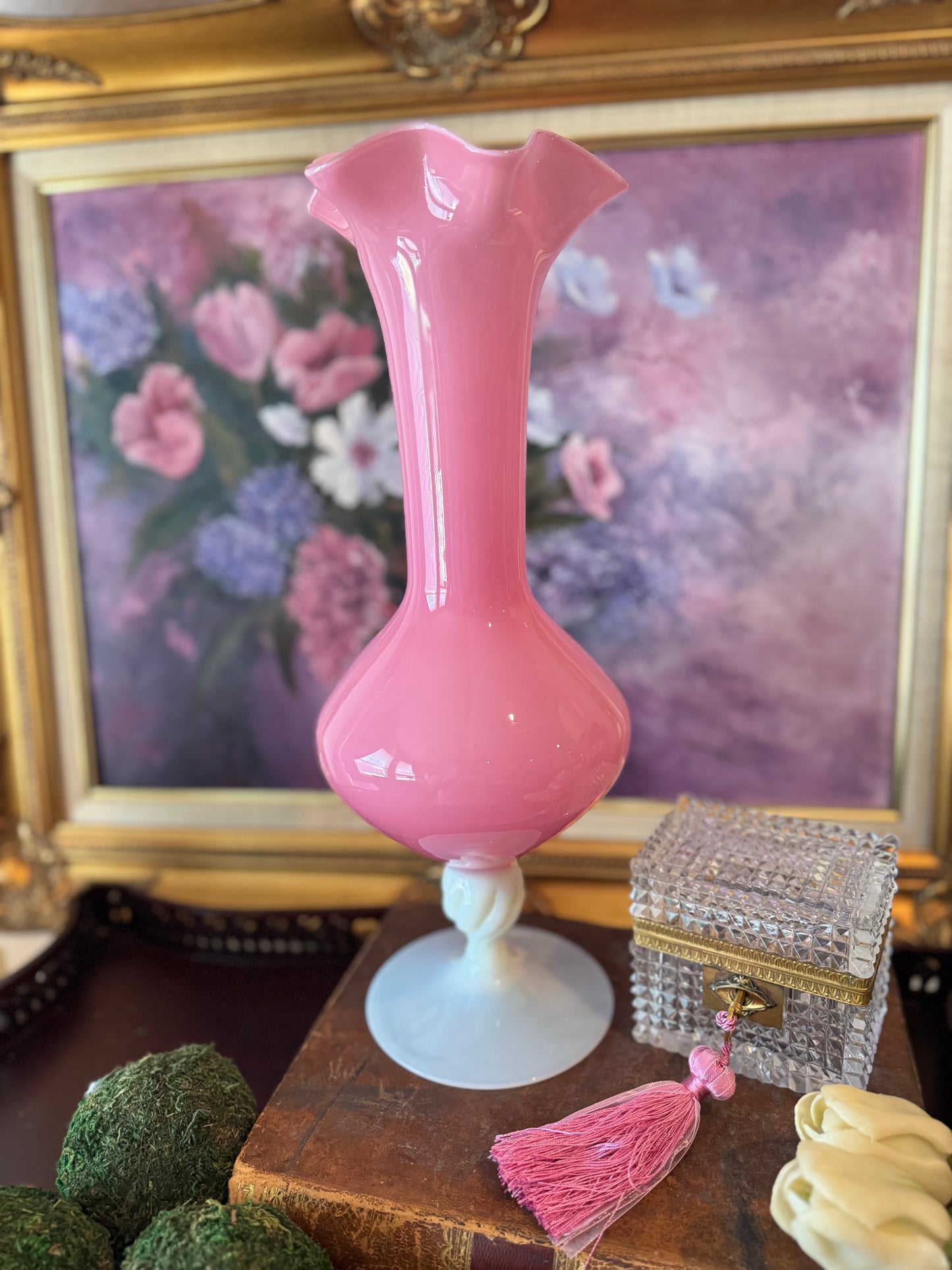Large Pink Opaline Ruffle Vase