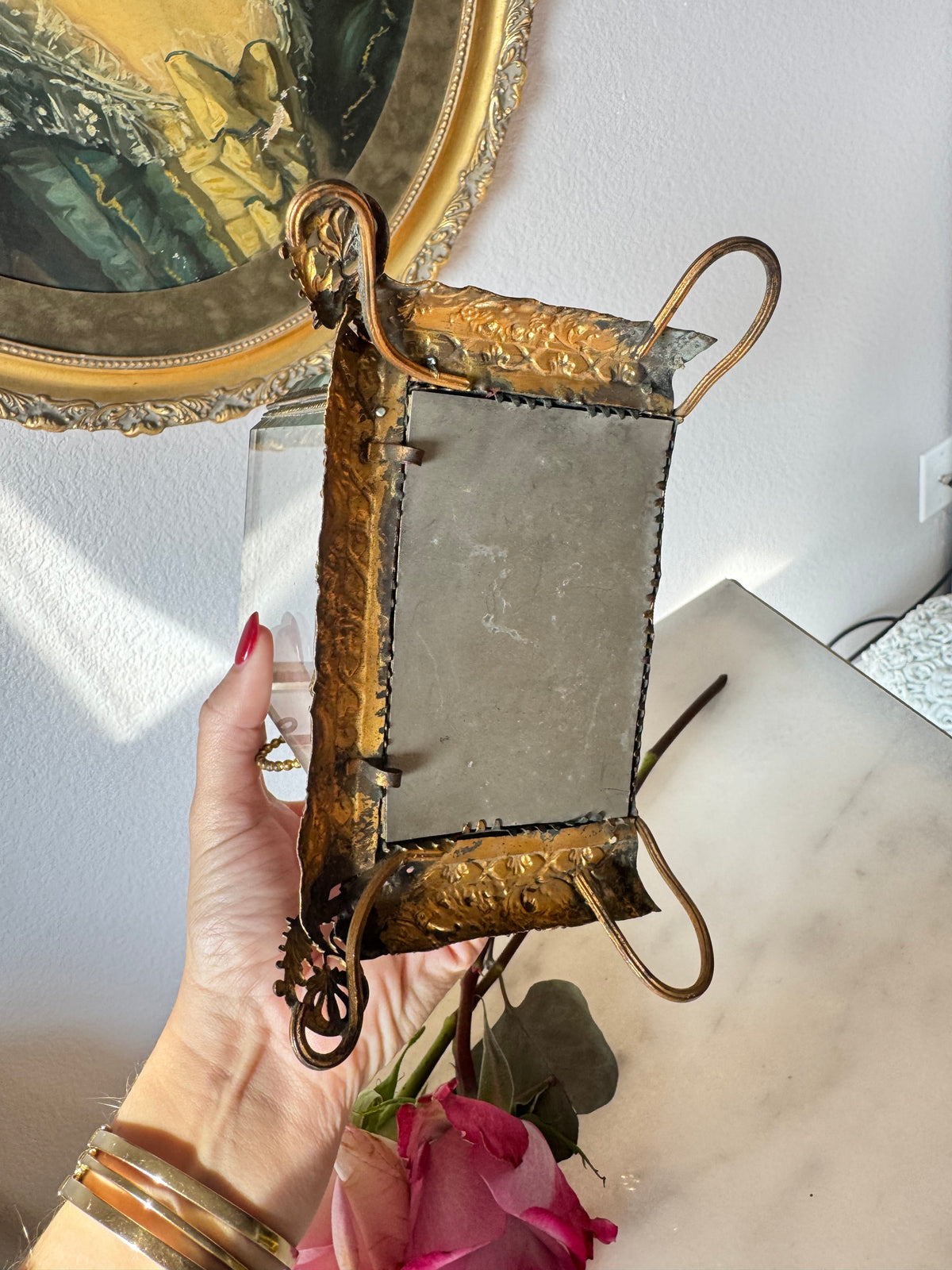 Antique French Beveled Glass Vitrine with Gilt Bronze Ribbon Crest