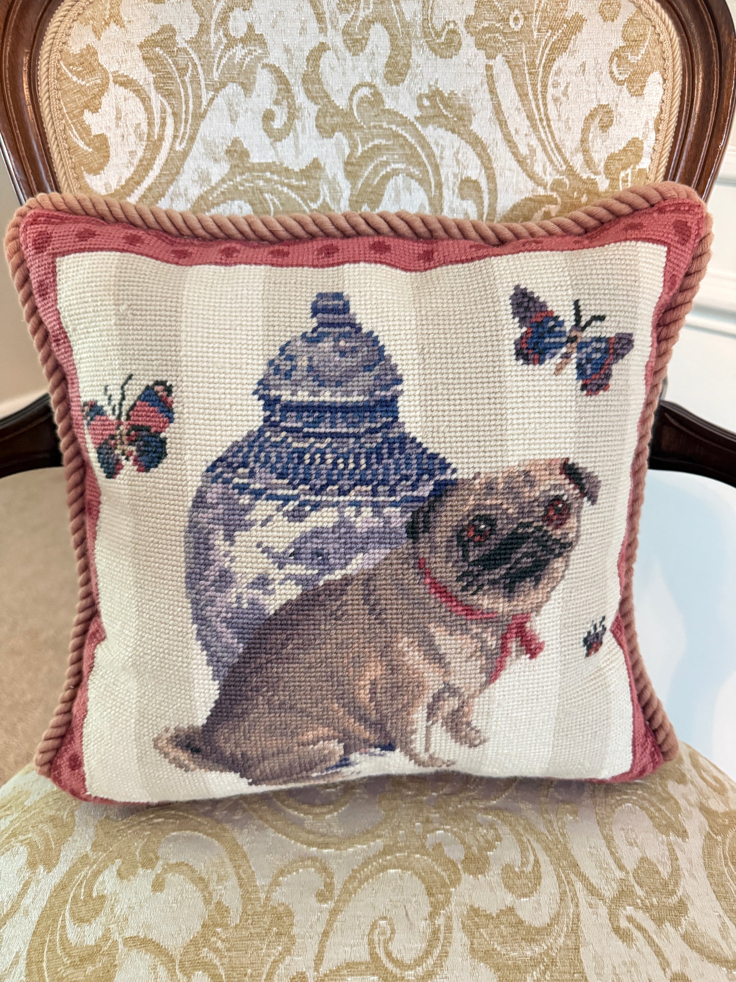 Pug Chinoiserie Needlepoint Pillow