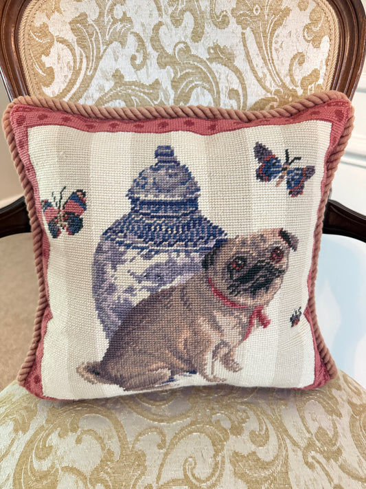 Pug Chinoiserie Needlepoint Pillow
