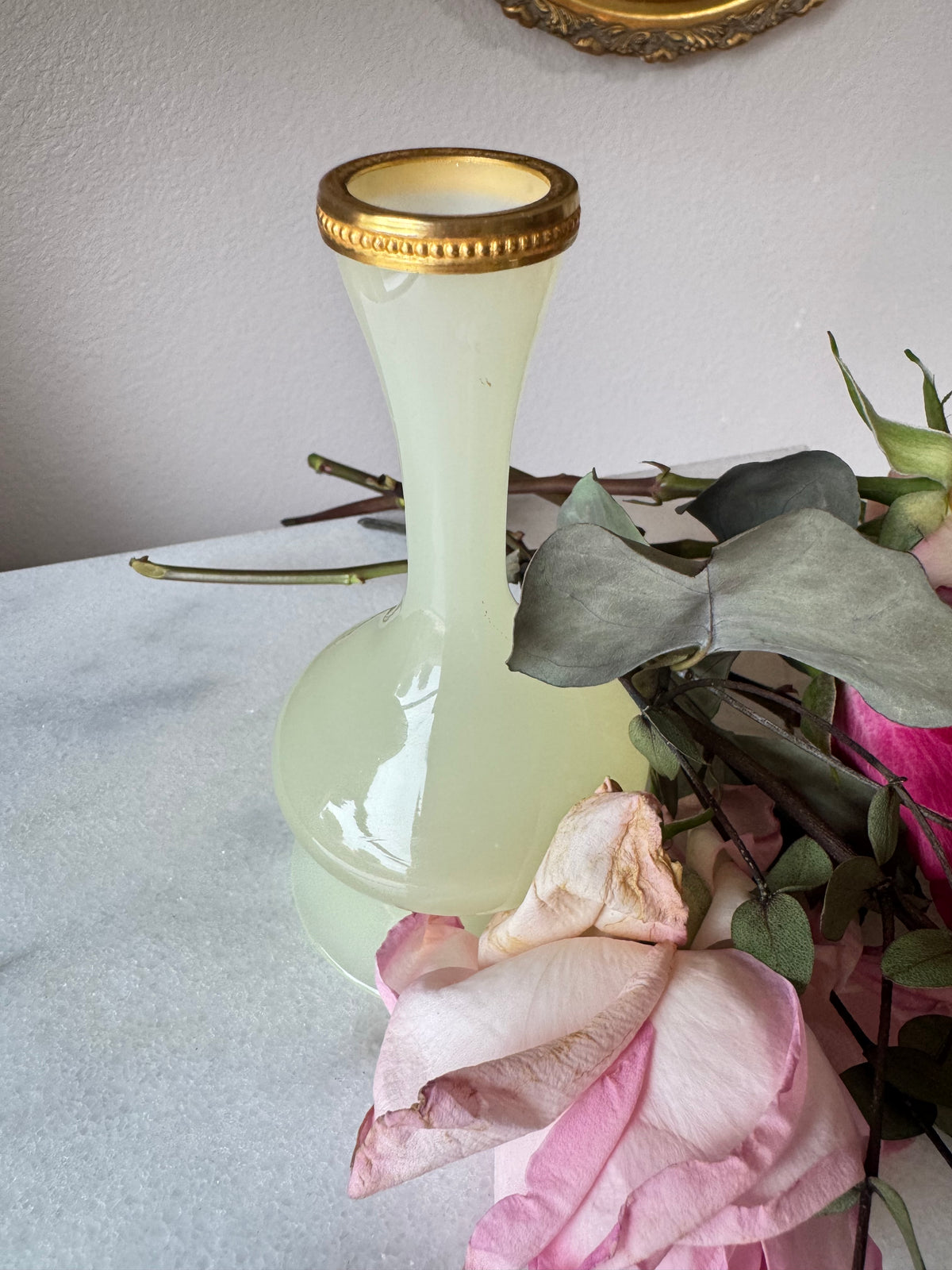 Uranium Opaline Bud Vase with Gilt Collar