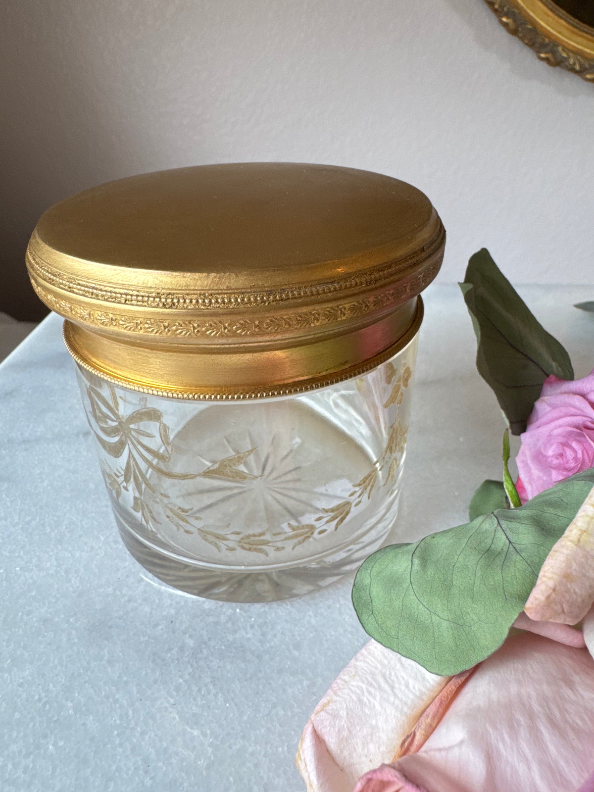 Bow Etched Crystal Vanity Jar with Gilt Lid - Large