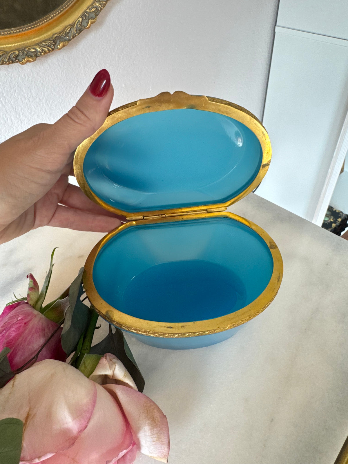 Antique Blue Opaline Casket Box with Chased Gilt Bronze Band