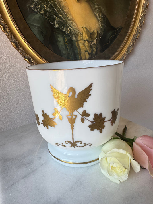 Antique Gilt Swan White Opaline Cachet Pot