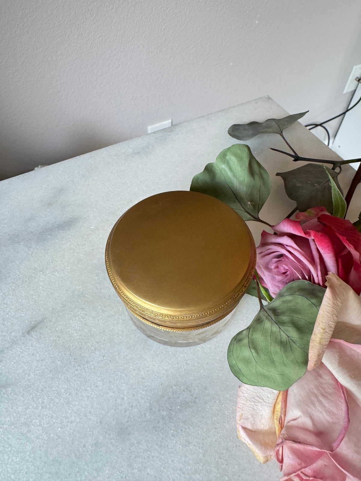 Bow Etched Crystal Vanity Jar with Gilt Lid - Small