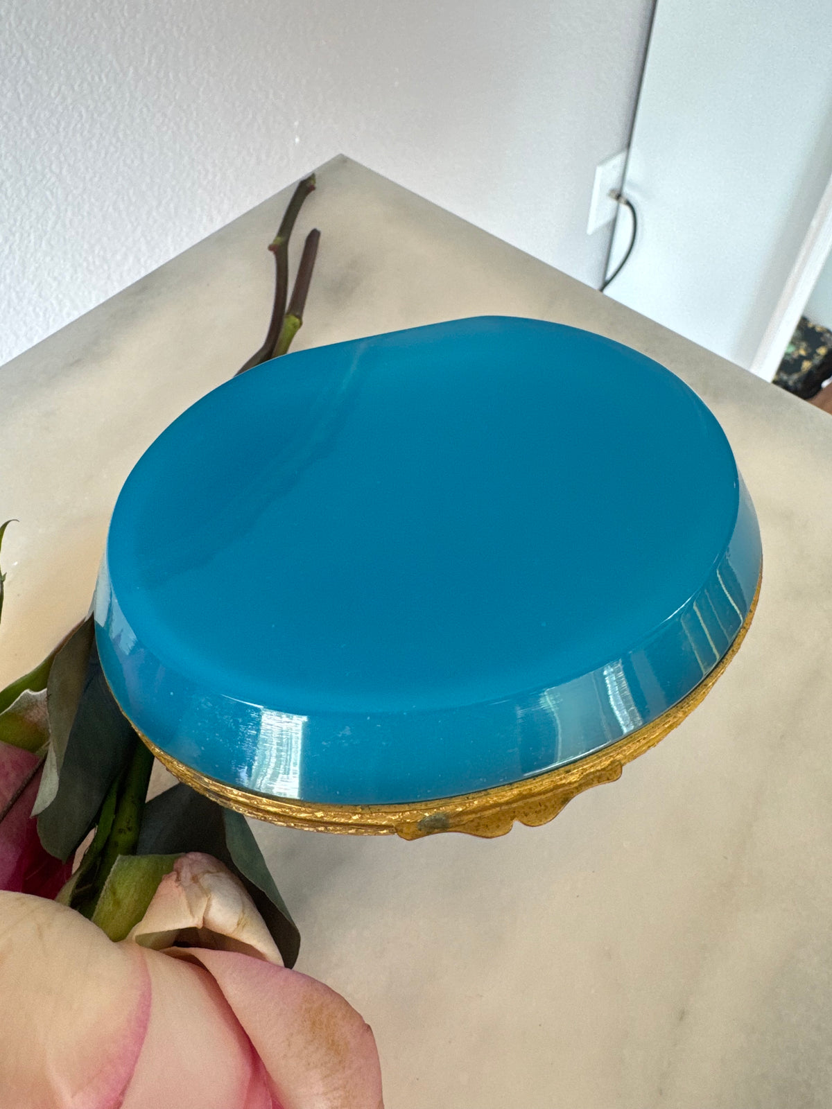 Antique Blue Opaline Casket Box with Chased Gilt Bronze Band