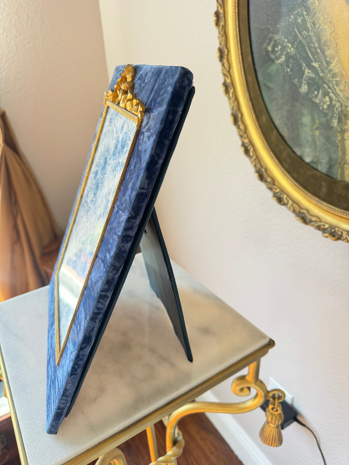 Antique French Blue Velvet Frame with Gilt Bronze Ribbon Bow