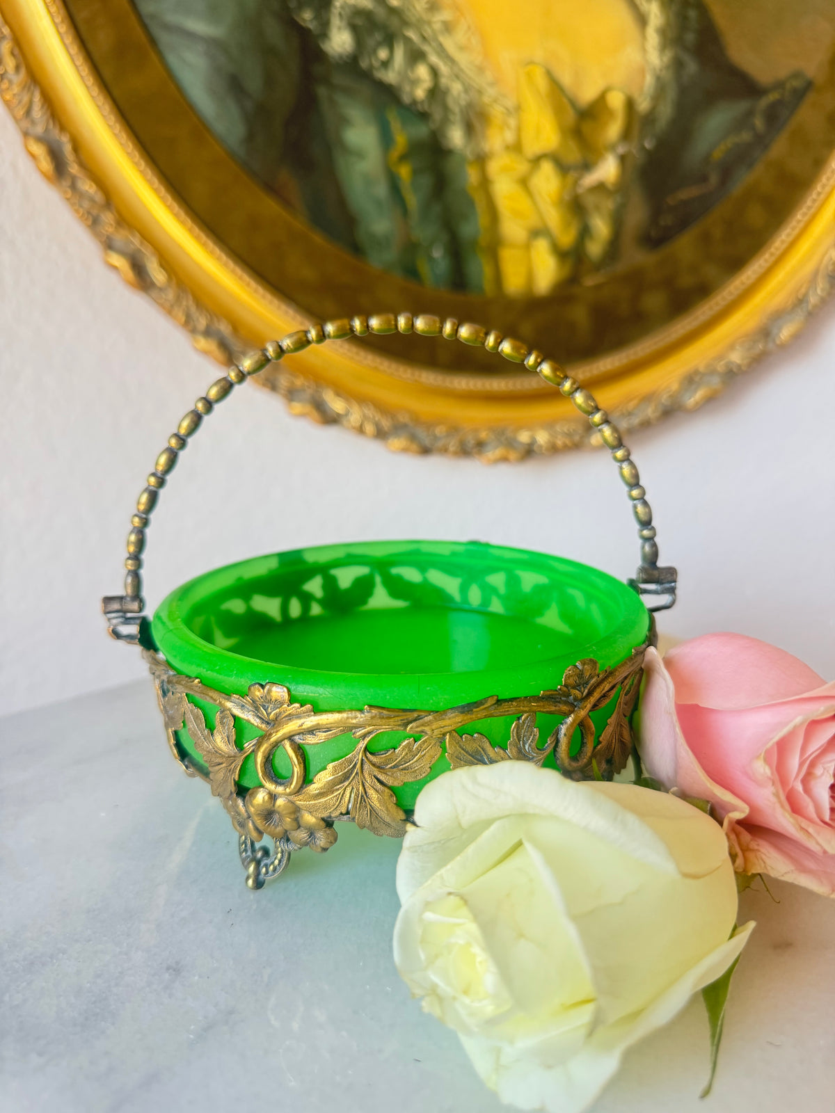 Antique Green Opaline Basket