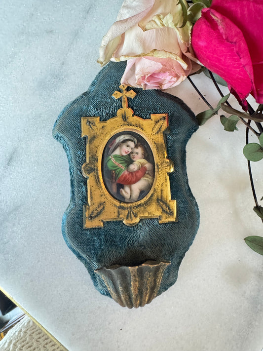 Antique Velvet Holy Water Font with Enamel Madonna