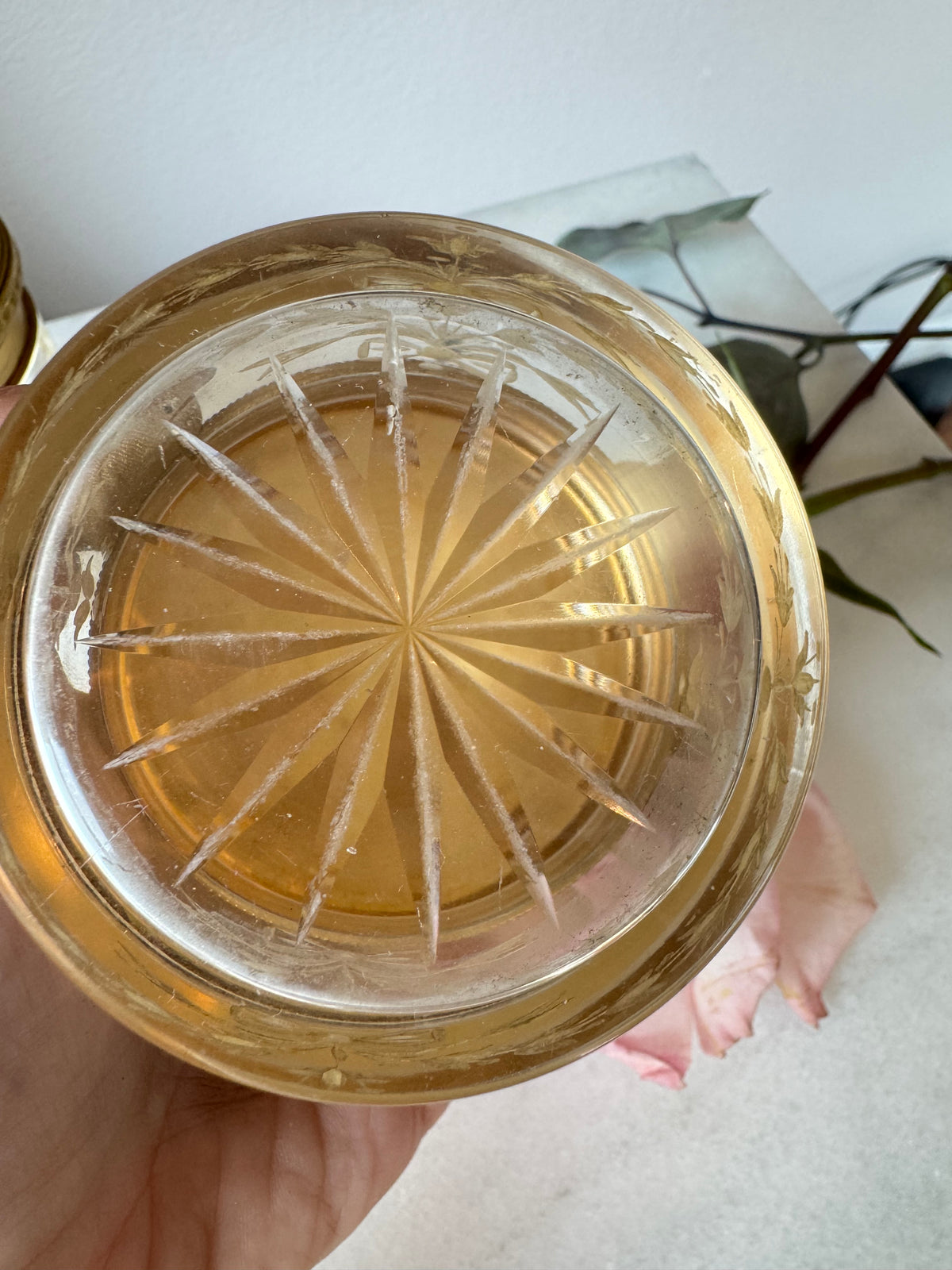 Bow Etched Crystal Vanity Jar with Gilt Lid - Small
