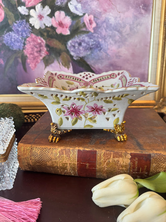 Pink Floral United Wilson Reticulated Bowl with Bronze Feet