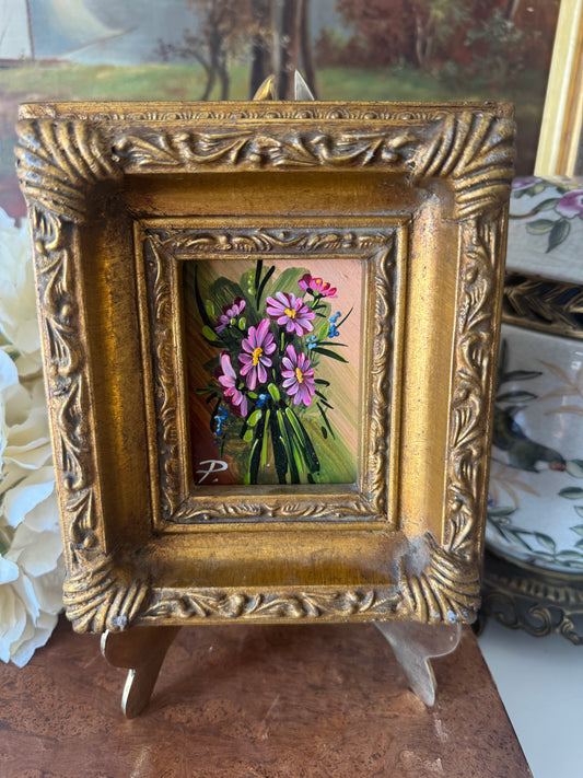 Vintage Pink Floral Oil on Board Painting