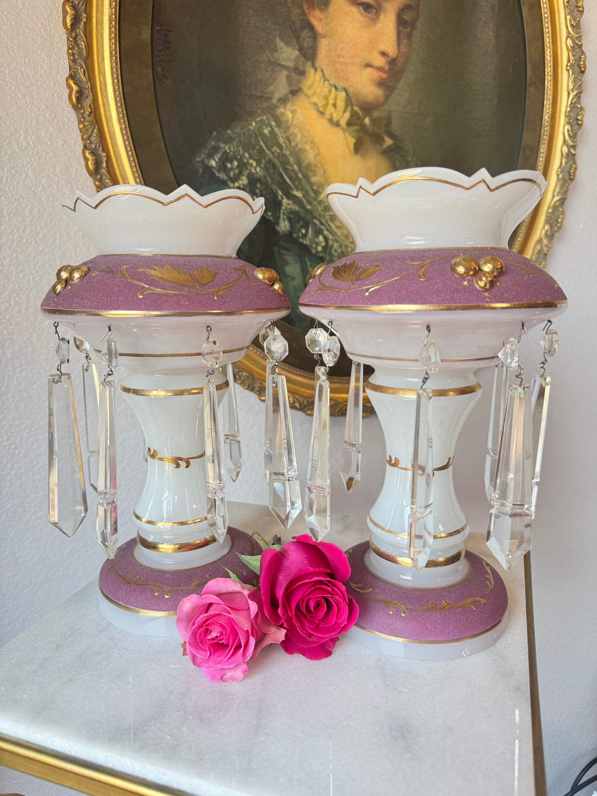 Pair of French Opaline Mantle Lusters