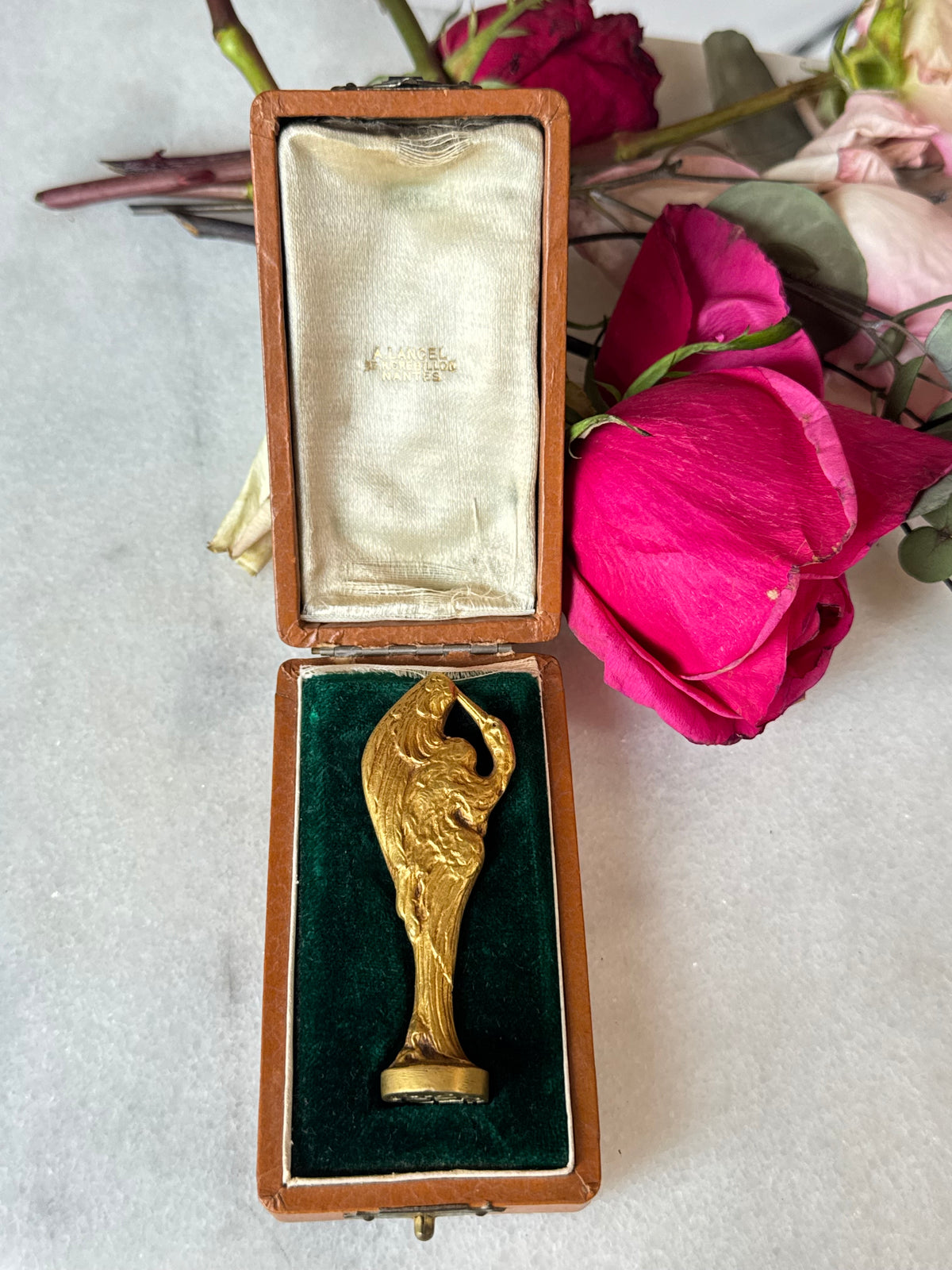 Art Nouveau Gilt Bronze Heron Wax Seal in Fitted Case, A. Lancel Nantes