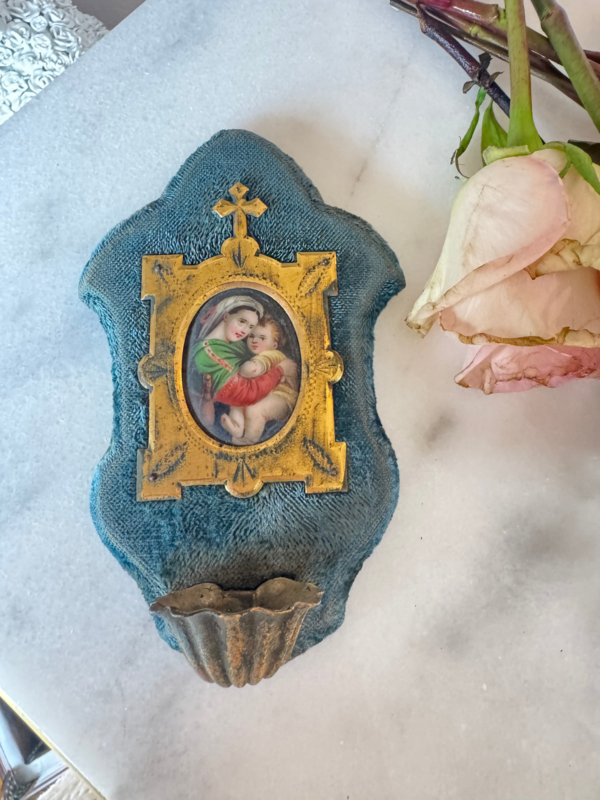 Antique Velvet Holy Water Font with Enamel Madonna