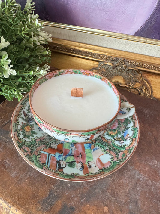 Antique Rose Medallion Candle Tea Cup and Saucer