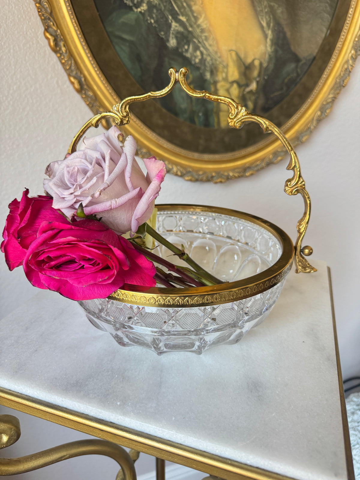 French Cut Crystal Basket with Gilt Bronze Handle