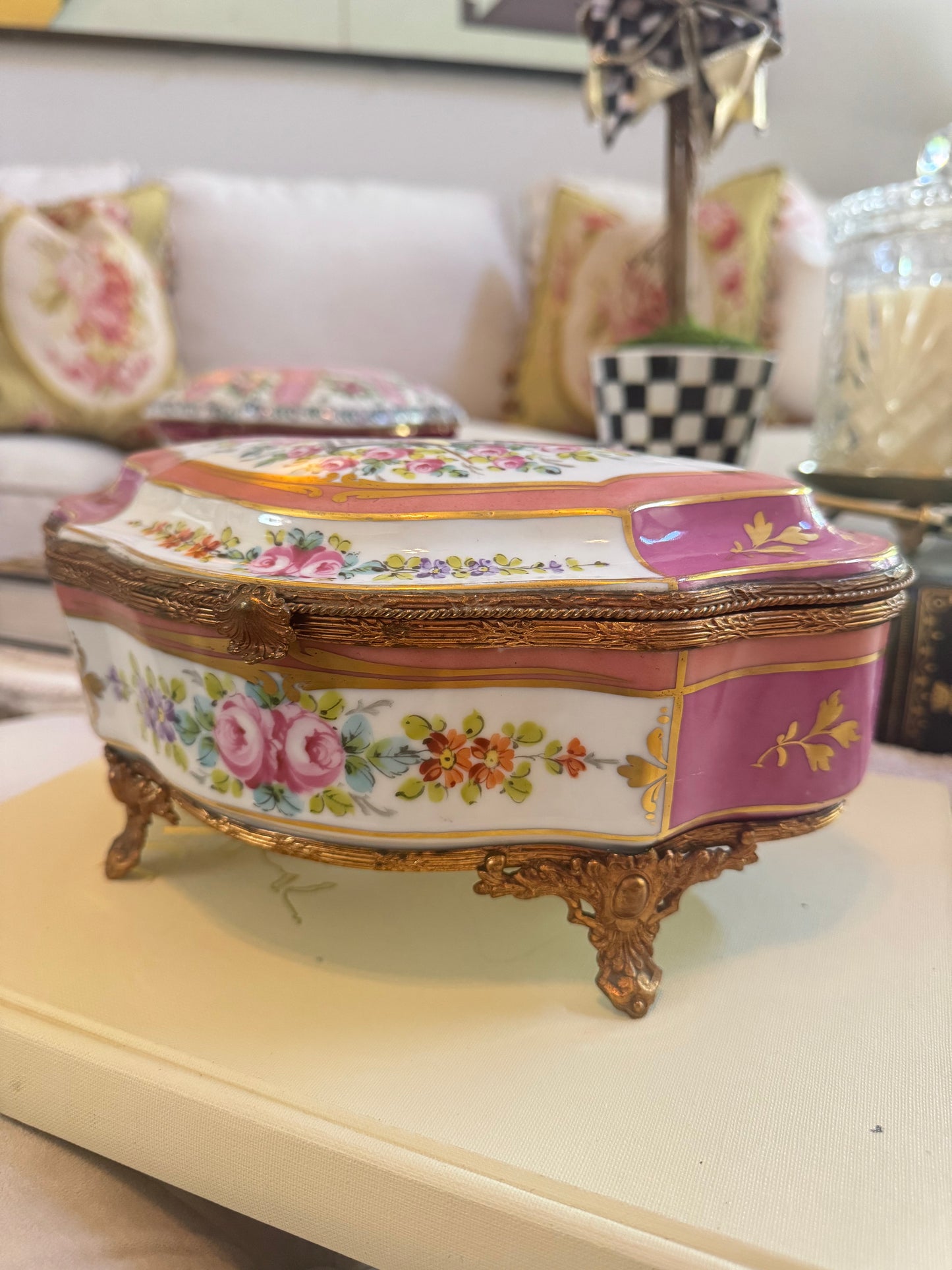 Large French Pink Porcelain Casket Box