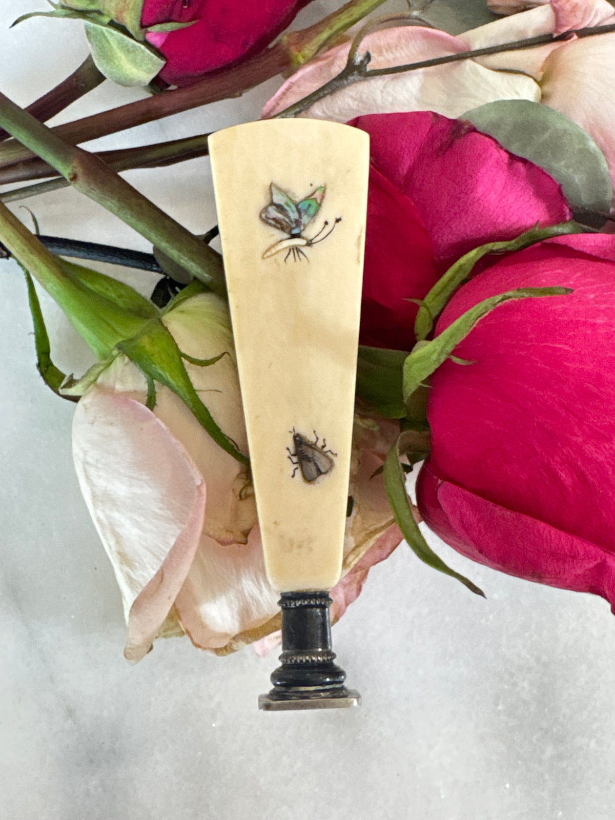 Antique Shibayama-Style Inlaid Bone Wax Seal, CS Monogram