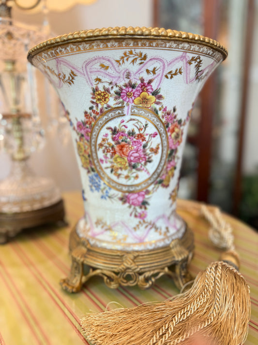 Vintage United Wilson Floral and Bronze Porcelain Vase