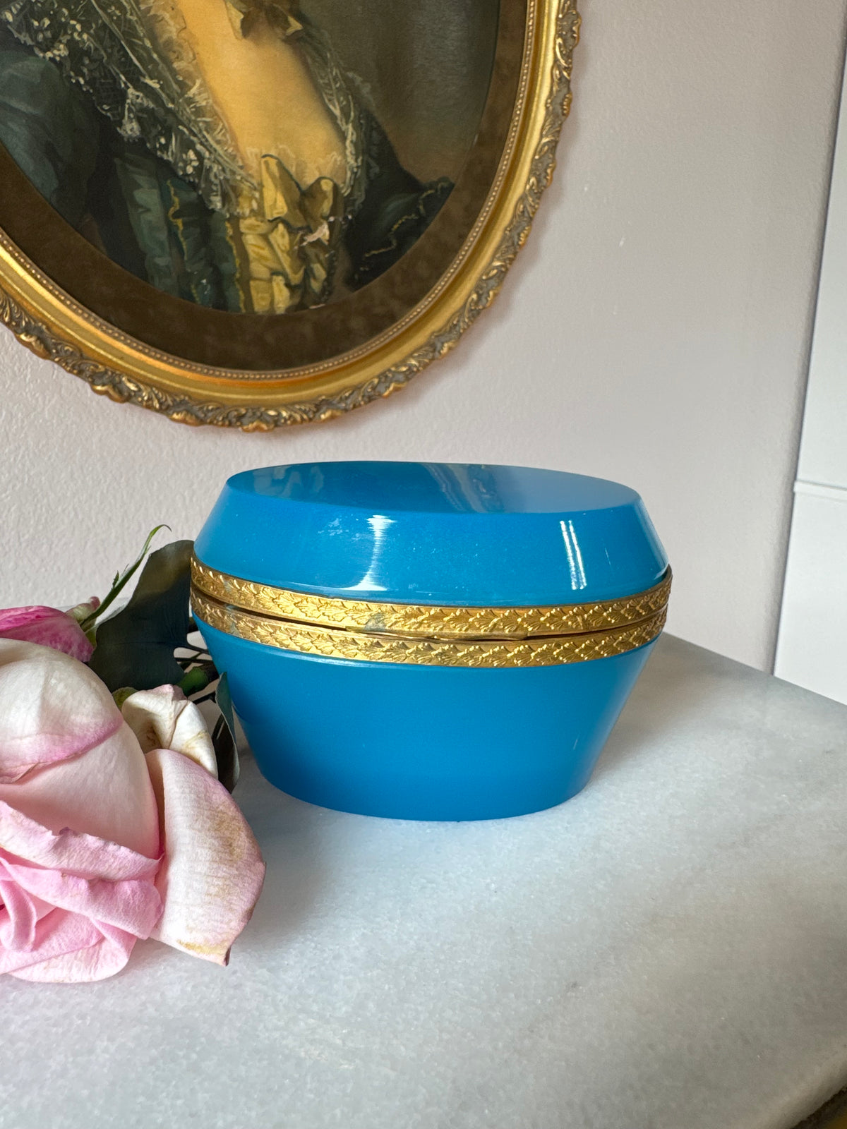 Antique Blue Opaline Casket Box with Chased Gilt Bronze Band