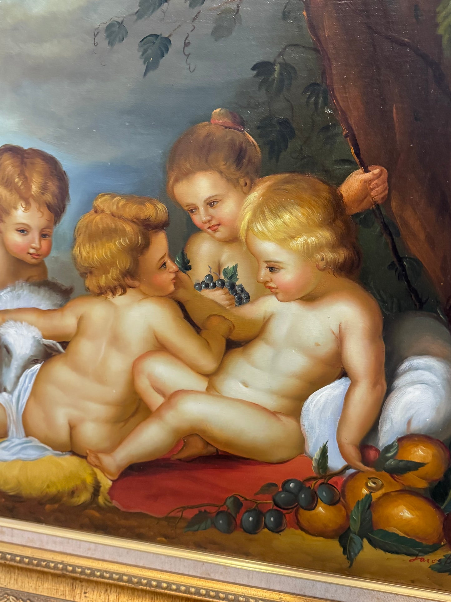Vintage Cherub Oil on Canvas Painting