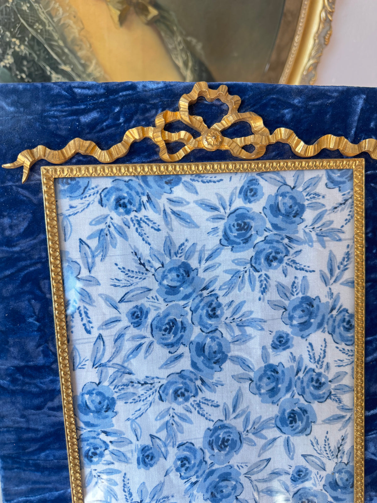 Antique French Blue Velvet Frame with Gilt Bronze Ribbon Bow