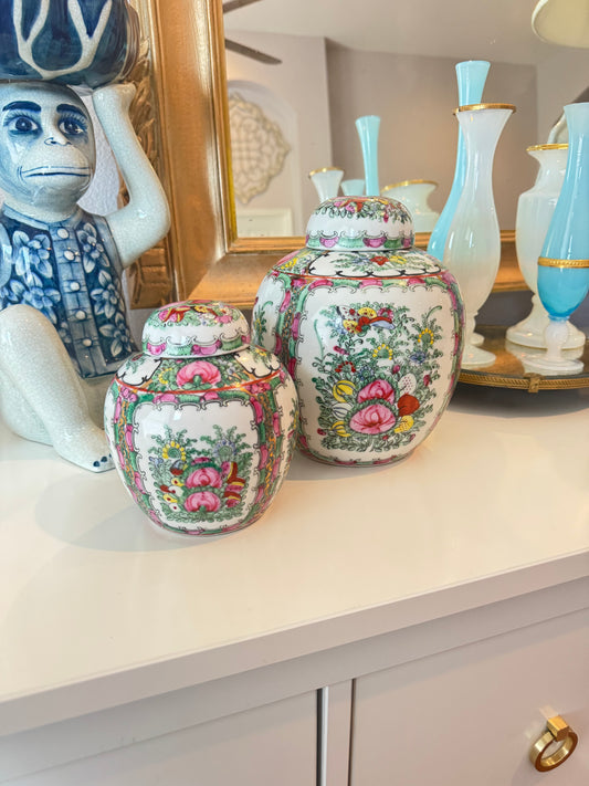 Pair of Vintage Rose Canton Ginger Jars