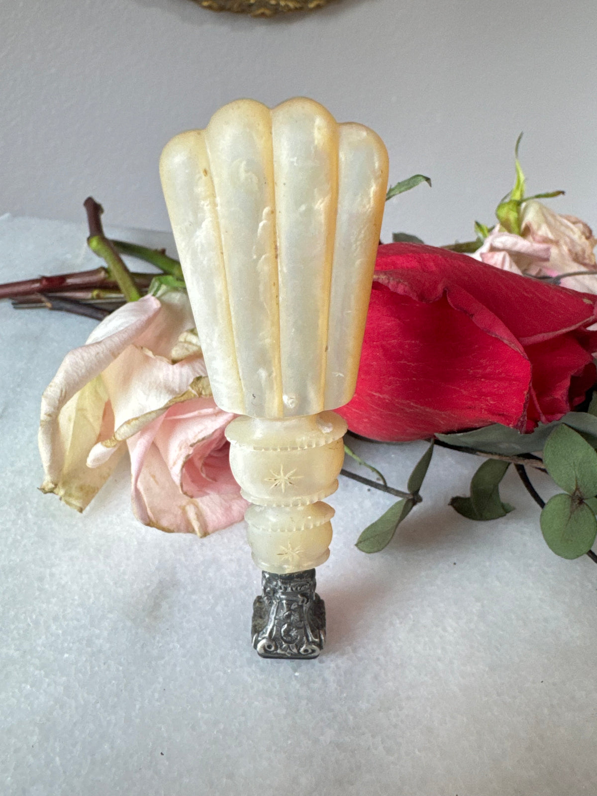 19th Century Carved Fluted Wax Seal with Repoussé Silver Mount
