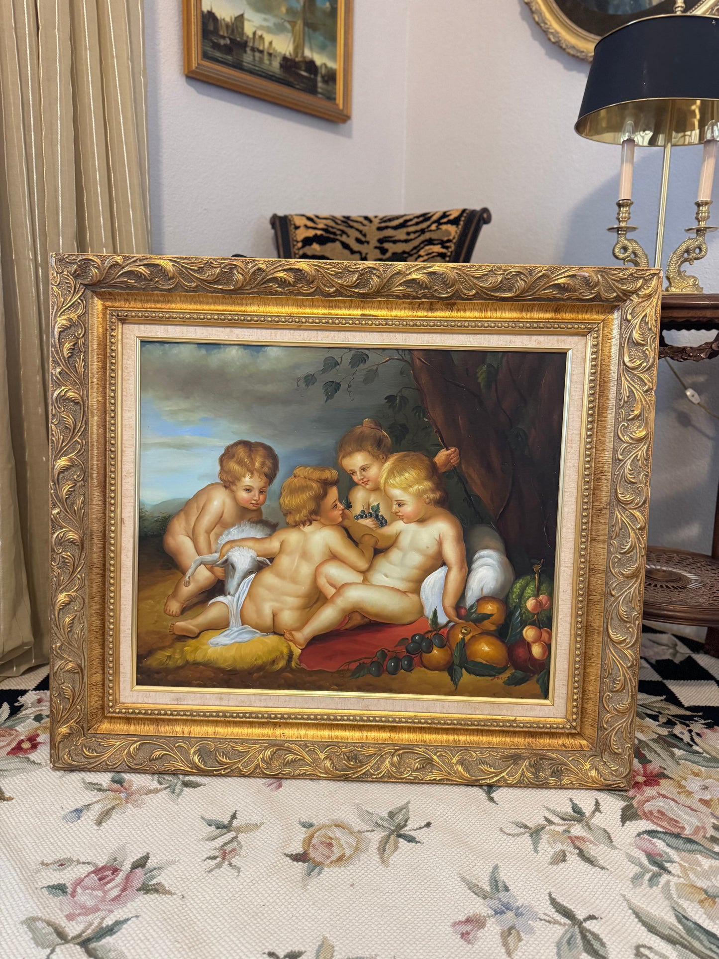 Vintage Cherub Oil on Canvas Painting