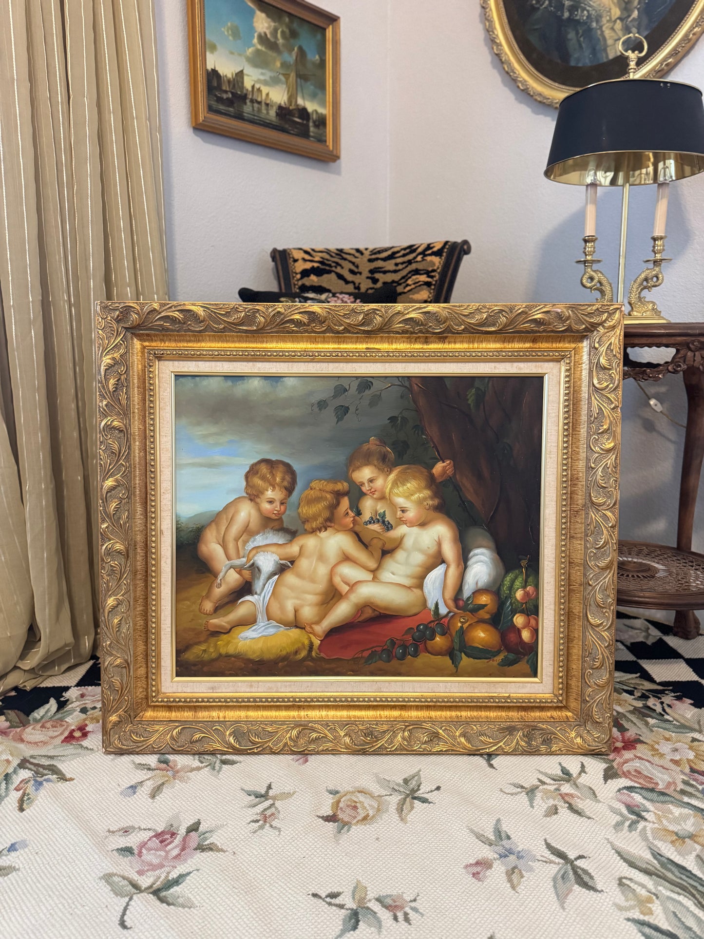 Vintage Cherub Oil on Canvas Painting