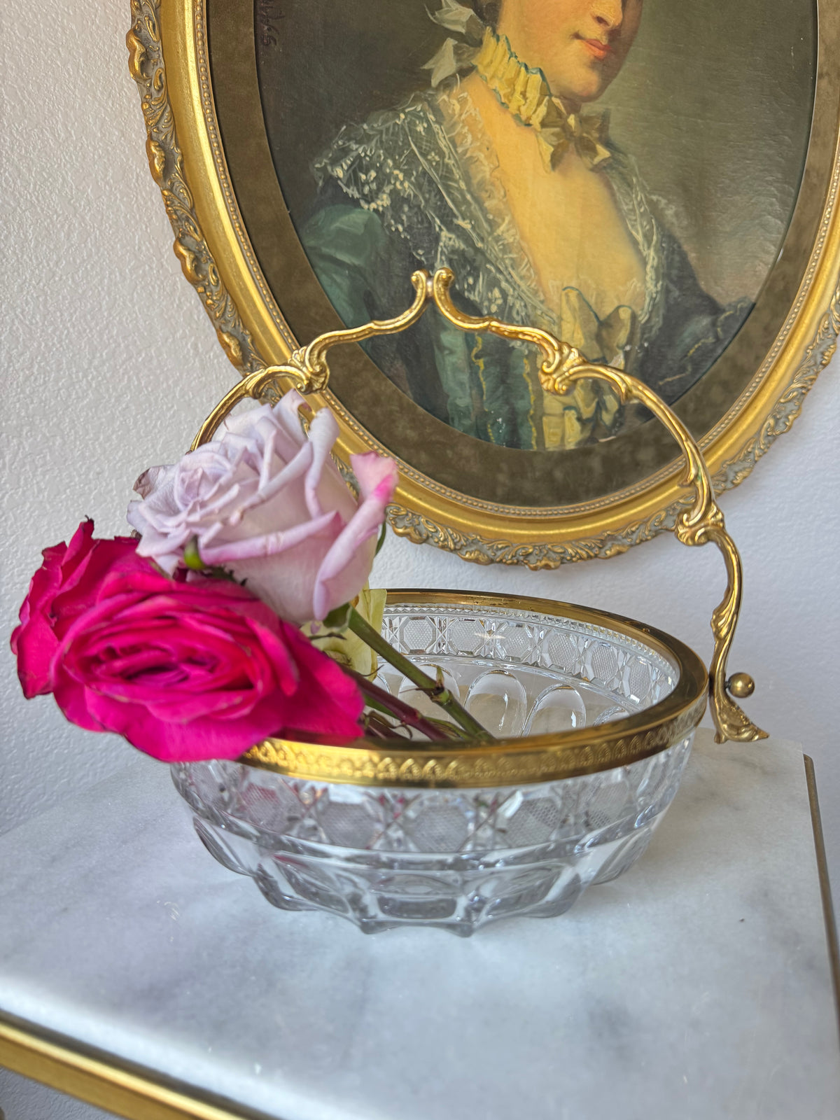 French Cut Crystal Basket with Gilt Bronze Handle