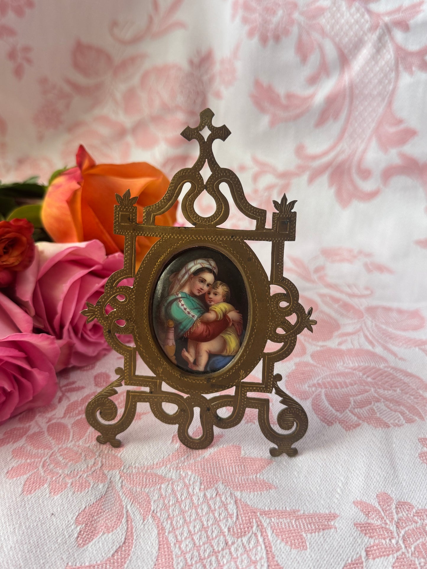 Antique Bronze Miniature Frame with Madonna & Child Enamel Portrait